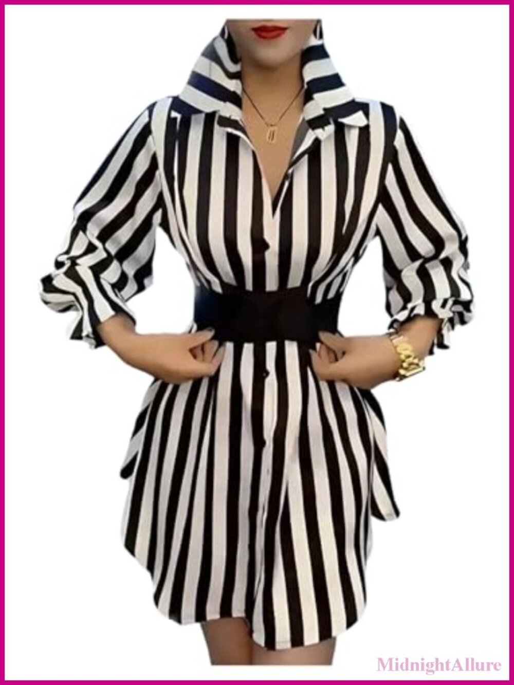 Womens Striped Button Down Shirt Long Sleeve Belted Blouse Collared Top